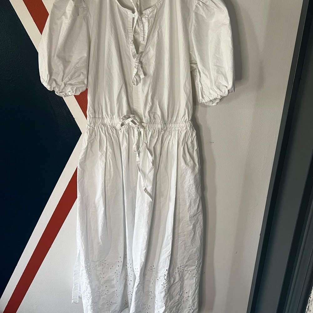 Women’s White Eyelet Midi Dress with Puff Sleeves Bow Ties size XS